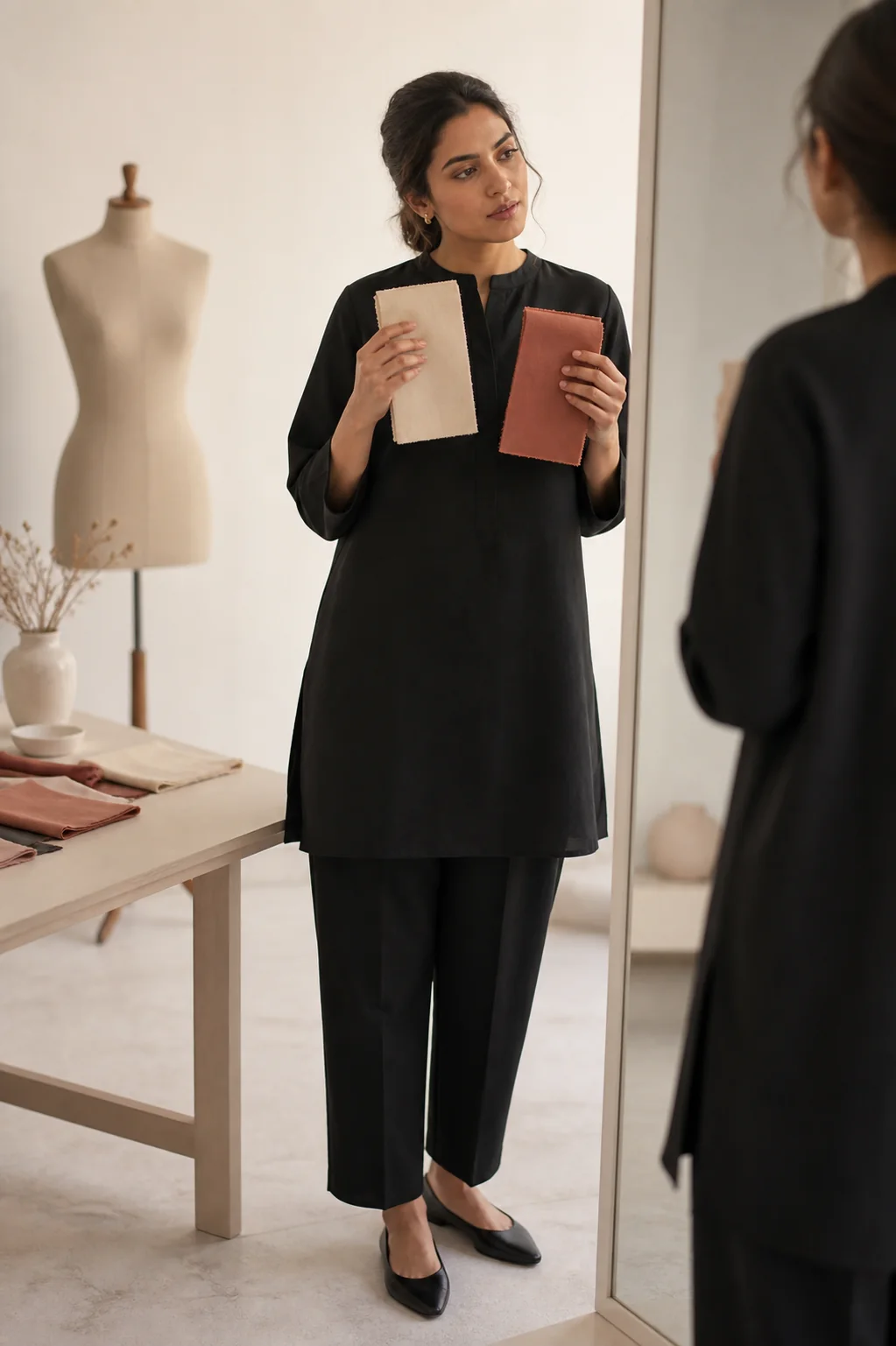 Adult woman being fitted for a modest custom outfit in a minimal cream-toned studio.