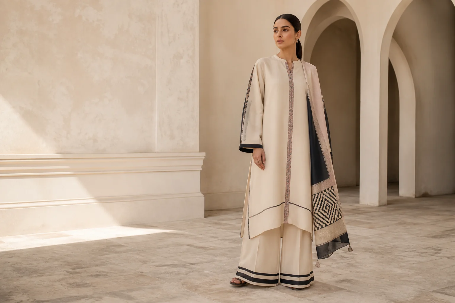 Adult woman in modest contemporary Pakistani fusion-inspired clothing in a softly lit cream architectural setting.
