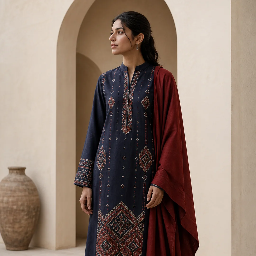 Ajrak-inspired fashion editorial concept.