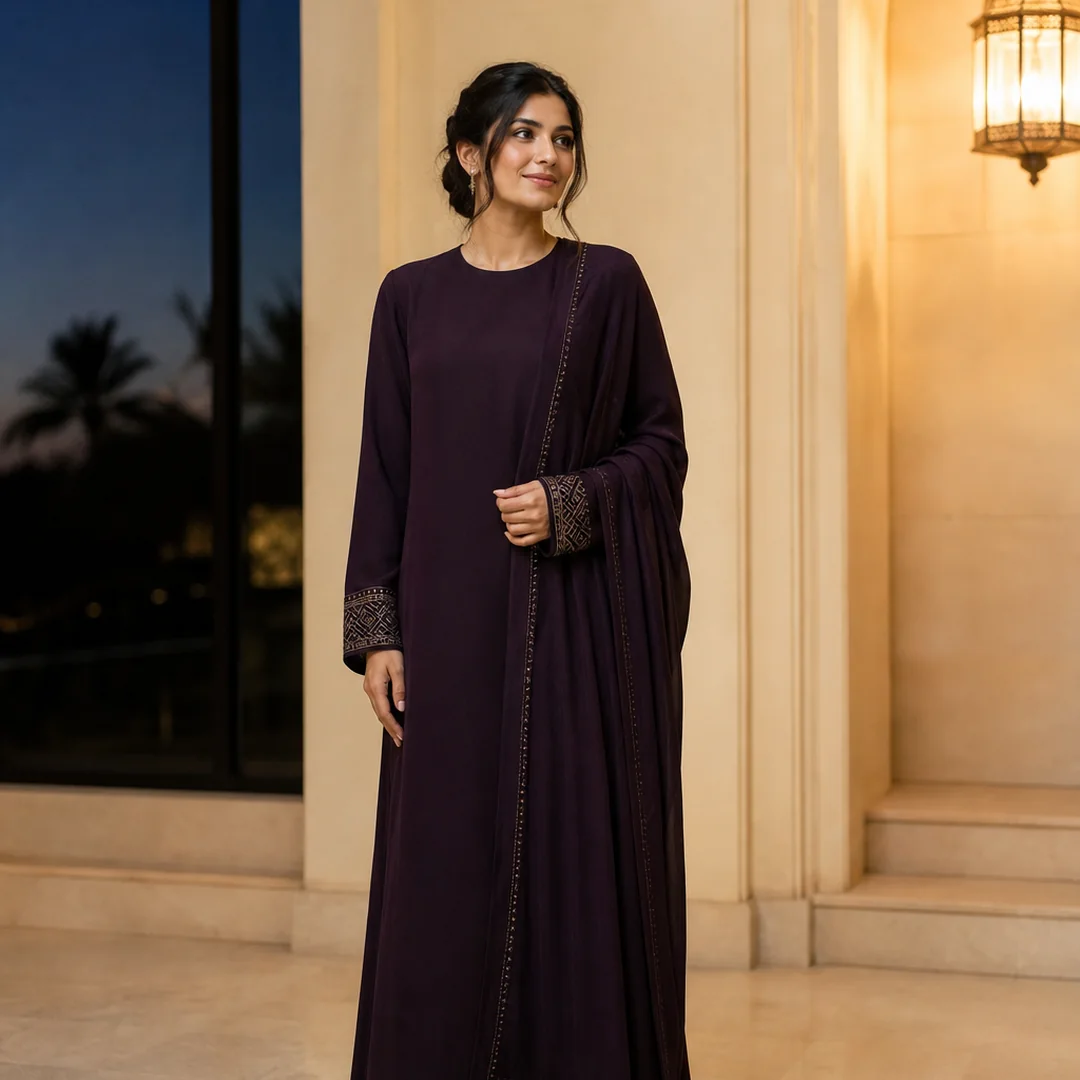 Festive modest-fashion editorial concept.